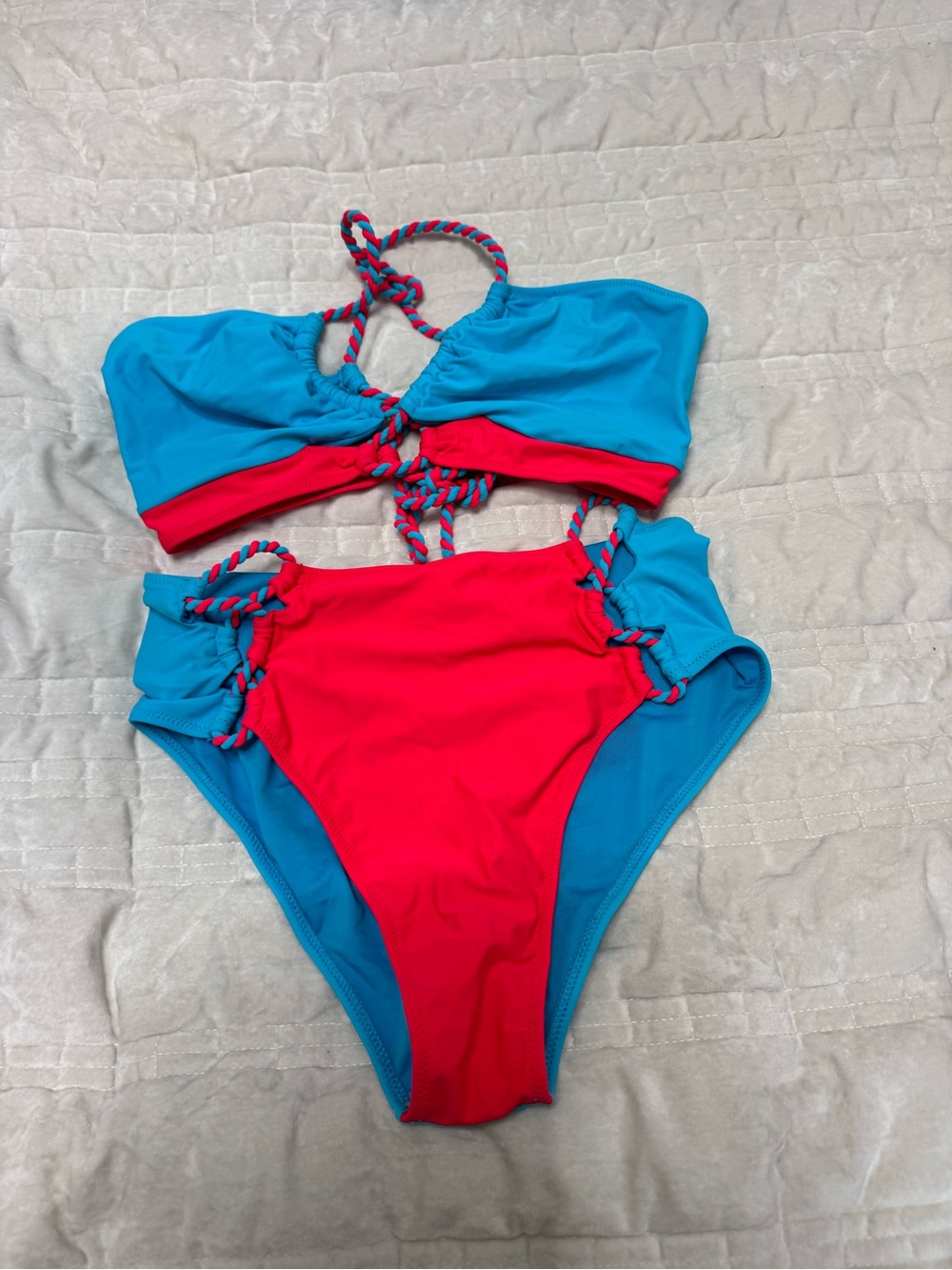 High-Waist Two-Tone Blue & Pink Women's Bikini